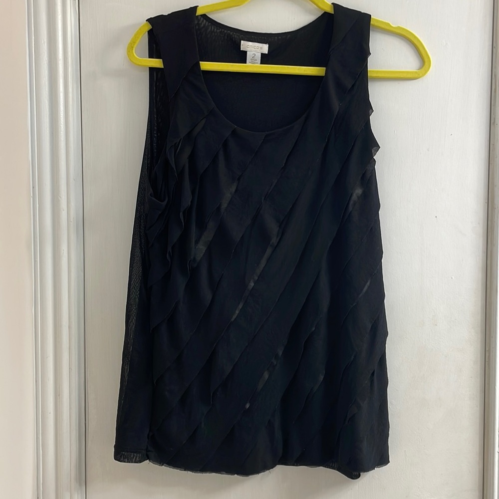 Chico size 2 black tank with flowing layers on a bias.